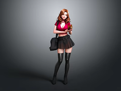 Red Haired Woman In Red Top Black Skirt Fishnet Stockings Holding Coffee Cup Black Bag 3d model