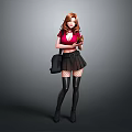 Red Haired Woman In Red Top Black Skirt Fishnet Stockings Holding Coffee Cup Black Bag