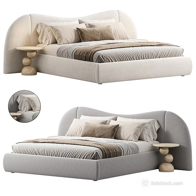 Modern Minimalist Double Bed With Curved Headboard Pillows And Small Round Side Tables 3d model 