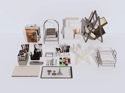 Organized Office Stationery Collection With Pens Folders Storage Racks And Supplies 3d model