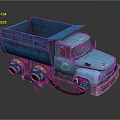 Vintage Blue Dump Truck With Glowing Wheels Recycling Symbol Retro Design On Dark Background