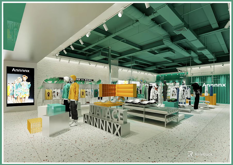 Aminta Modern Clothing Store With Green Ceiling Open Layout Mannequins And Vintage Decor 3d model 