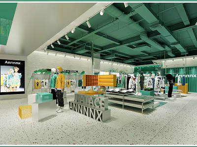 Aminta Modern Clothing Store With Green Ceiling Open Layout Mannequins And Vintage Decor 3d model