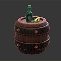 Decorative Ornament Set with Wooden Barrel Base Green Bottle Rolled Scrolls and Silver Rings
