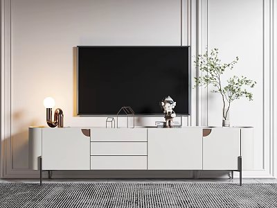 Modern White TV Stand with TV Lamp Geometric Decor and Green Plant in Minimalist Room 3d model
