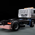 DAF Cab Truck With Yellow Warning Lights And Red White Blue Stripes Moving On Road