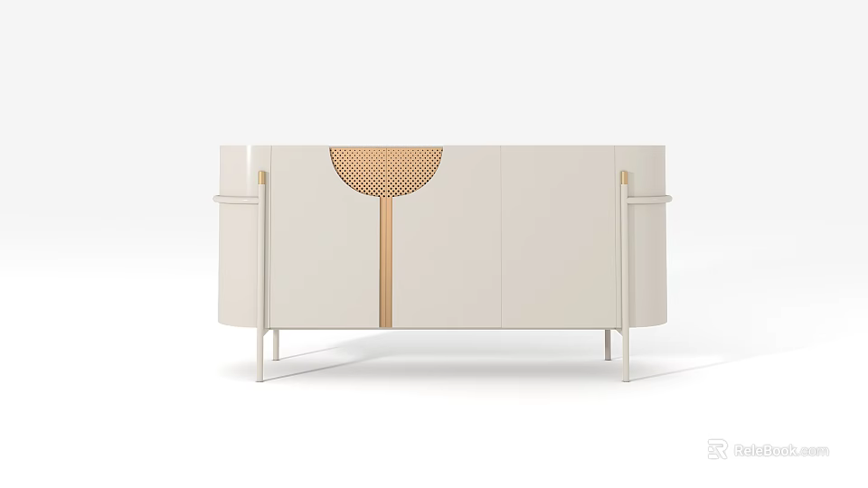 Modern Sideboard With Wicker Decorative Insert Panel White Finish And Metal Legs 3d model 