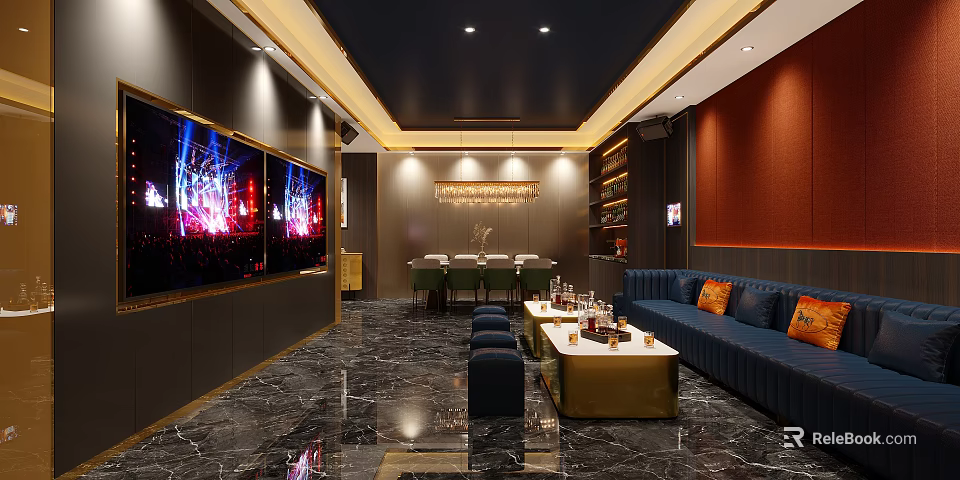 Modern KTV Room Interior With Blue Sofa Large Screen And Coffee Table 3d model