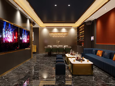 Modern KTV Room Interior With Blue Sofa Large Screen And Coffee Table 3d model