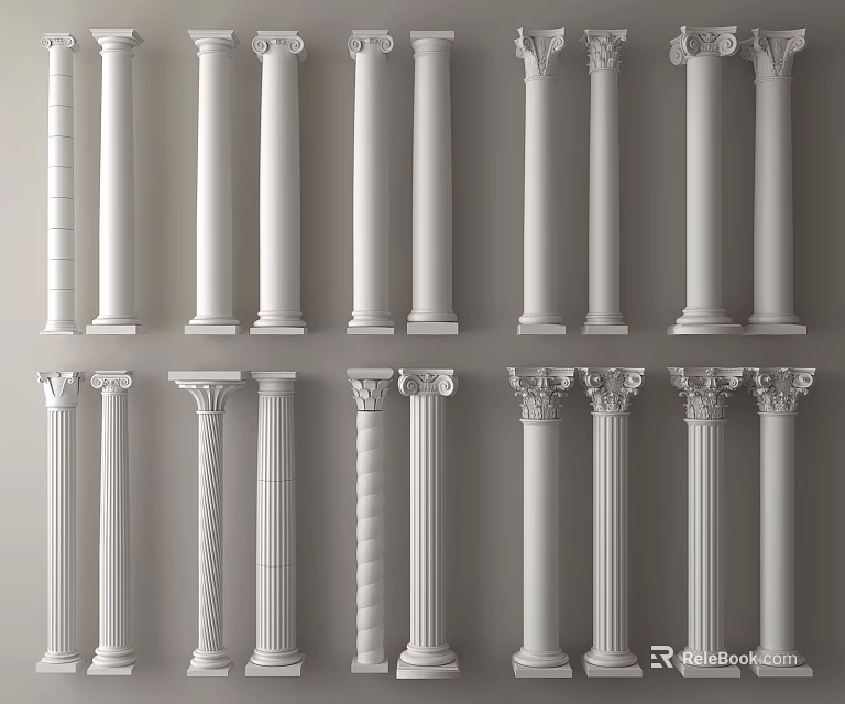 Different Styles Of Classic Roman Columns With Carved Capitals And Fluted Shafts 3d model 