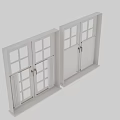 Double Casement Windows With White Frame Grid Glass Metal Handles And Curtain Panels