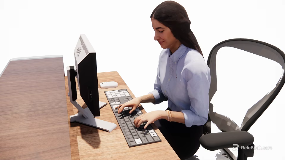 Woman Working at Office Desk Typing on Computer Keyboard With Mouse 3d model 
