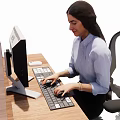 Woman Working at Office Desk Typing on Computer Keyboard With Mouse