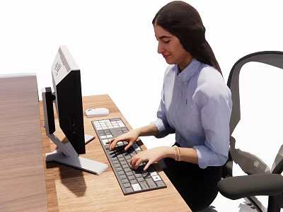 Woman Working at Office Desk Typing on Computer Keyboard With Mouse 3d model