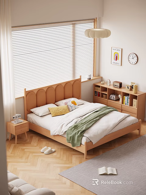 Double Bed with Curved Wooden Headboard White Sheets Green Blanket and Pillows Near Window Blinds 3d model 
