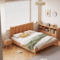 Double Bed with Curved Wooden Headboard White Sheets Green Blanket and Pillows Near Window Blinds