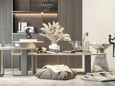 Modern Coffee Table With Dried Pampas Grass Books And Decorative Marble Items 3d model