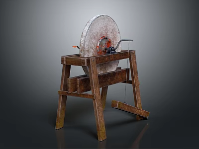 Traditional Stone Mill Equipment with Circular Grinding Disc on Wooden Stand and Metal Handle 3d model