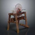 Traditional Stone Mill Equipment with Circular Grinding Disc on Wooden Stand and Metal Handle
