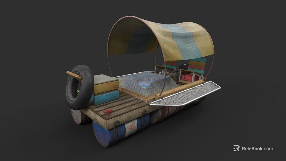 Rustic Handmade Wooden Boat with Tire Wooden Planks Barrels and Canvas Canopy 3d model 