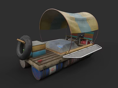 Rustic Handmade Wooden Boat with Tire Wooden Planks Barrels and Canvas Canopy 3d model