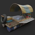 Rustic Handmade Wooden Boat with Tire Wooden Planks Barrels and Canvas Canopy