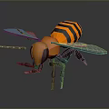 3D Bee Model Featuring Yellow Black Stripes White Wings Legs On Dark Background With Reflection 3d model