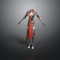 Woman in Ornate Red and Black Armored Outfit as Fantasy 3D Character Design