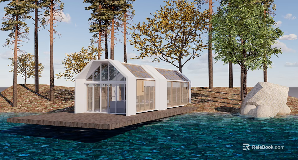 Floating White House On Water With Solar Panels Wooden Deck Surrounded By Trees 3d model 