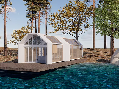 Floating White House On Water With Solar Panels Wooden Deck Surrounded By Trees 3d model