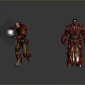 Red Armored Characters One Running With Glowing Weapon And One Standing