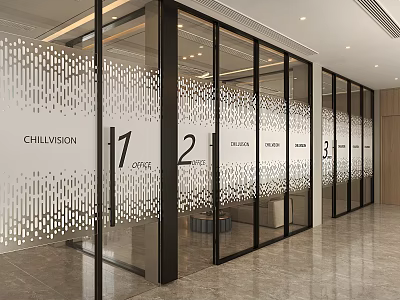 Modern Office Hallway With Glass Partitions Numbered Doors And Contemporary Design 3d model