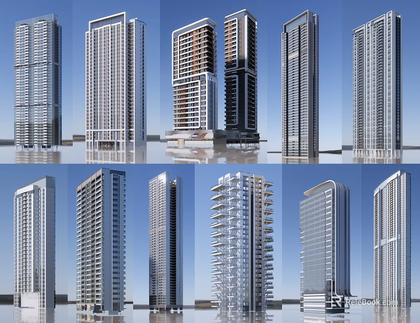 Modern High Rise Building Exterior With Different Architectural Structures And Glass Facades 3d model 