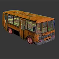 Orange Vintage Bus Model with Windows and Doors on Dark Reflective Background