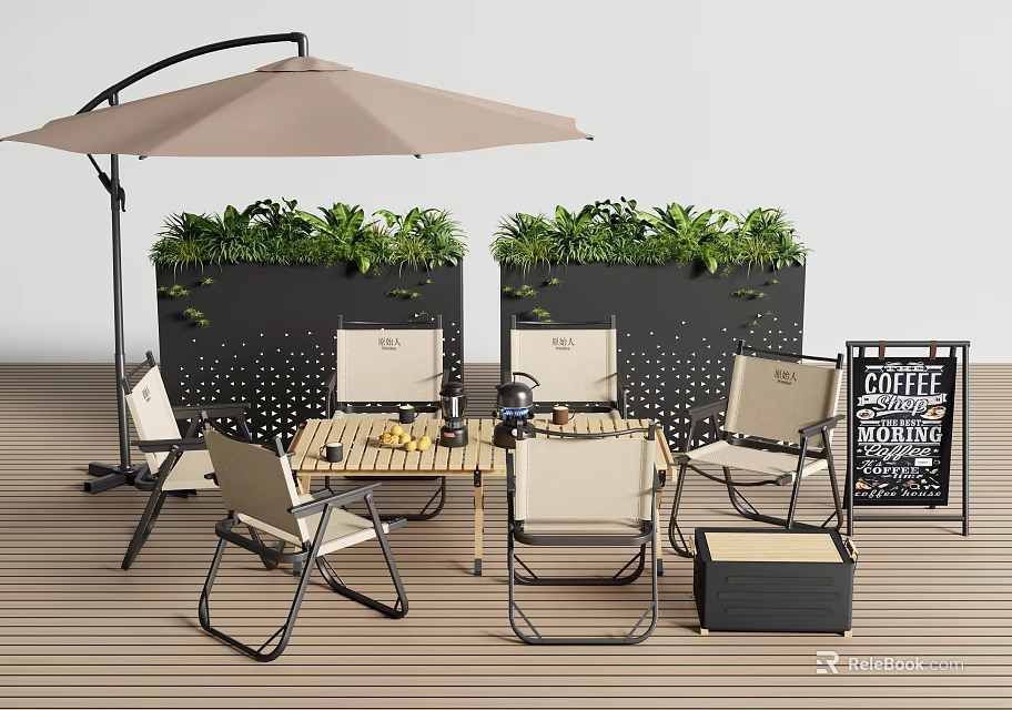 Outdoor Table And Chair Set With Umbrella Green Plants And Coffee Sign On Wooden Floor 3d model 