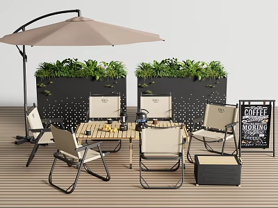 Outdoor Table And Chair Set With Umbrella Green Plants And Coffee Sign On Wooden Floor 3d model