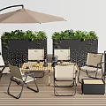 Outdoor Table And Chair Set With Umbrella Green Plants And Coffee Sign On Wooden Floor