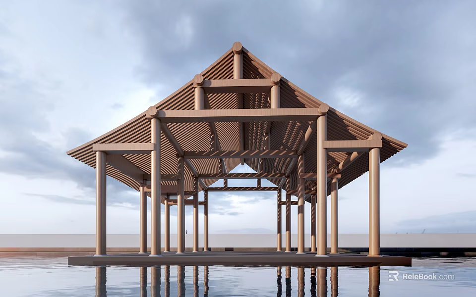 Ancient Wooden Pavilion With Traditional Timber Frame Sloped Roof Multiple Columns And Water Reflection 3d model 