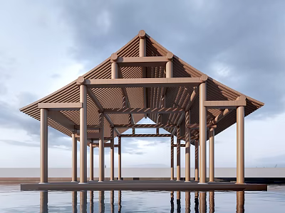 Ancient Wooden Pavilion With Traditional Timber Frame Sloped Roof Multiple Columns And Water Reflection 3d model