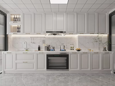 Modern Kitchen Interior Design With White Cabinets Marble Countertop Oven And LED Lighting 3d model