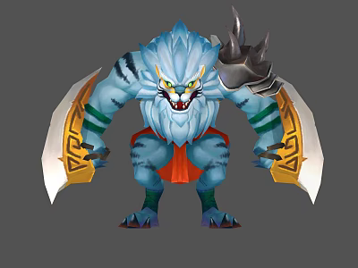 Blue Mythical Beast Warrior With White Fur Yellow Eyes And Giant Golden Blades 3d model