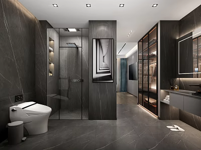 Modern Hotel Bathroom Interior With Dark Stone Walls Glass Shower And Smart Toilet 3d model