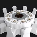Elegant Round Dining Table And White Chairs With White Tablecloth Tableware And Centerpiece 3d model