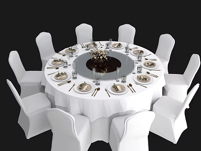 Elegant Round Dining Table And White Chairs With White Tablecloth Tableware And Centerpiece 3d model