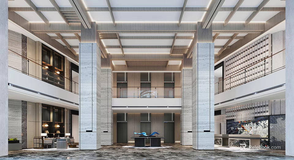 Elegant Modern Hotel Lobby Interior With Marble Columns High Ceiling And Reception Desk 3d model 