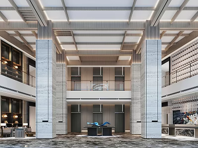 Elegant Modern Hotel Lobby Interior With Marble Columns High Ceiling And Reception Desk 3d model