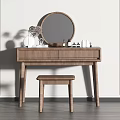 Modern Wooden Dressing Table With Round Mirror Stool Cosmetics And Decorative Items 3d model