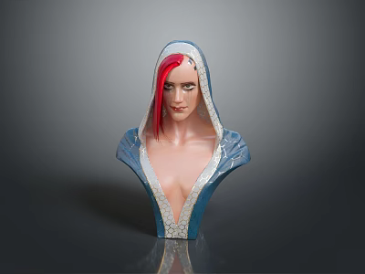 Woman Bust Sculpture With Red Hair And Blue Hooded Attire With Decorative Trim 3d model