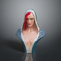 Woman Bust Sculpture With Red Hair And Blue Hooded Attire With Decorative Trim