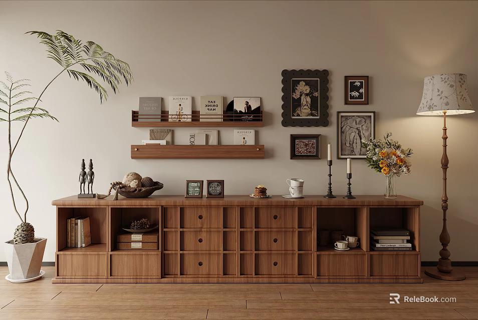 Wooden Shelf Unit With Drawers Open Shelves Books Photo Frames In Living Room Interior 3d model 